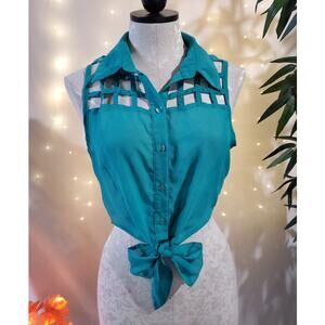 Poetry Lattice Cutout Button-Up Collared Tie Front Cropped Teal Top Women's S